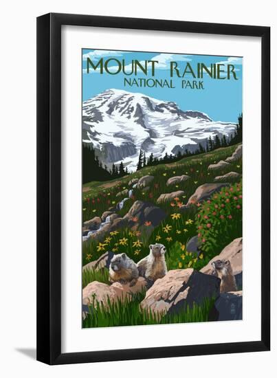 Mount Rainier National Park, Washington - Meadow & Marmots - Lantern Press Artwork-Lantern Press-Framed Art Print