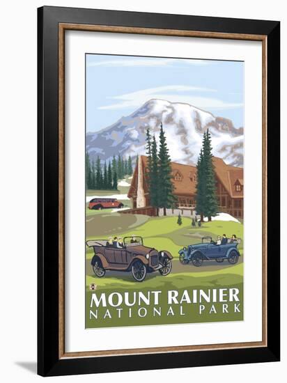 Mount Rainier, Paradise Lodge and Chalmers-Lantern Press-Framed Art Print