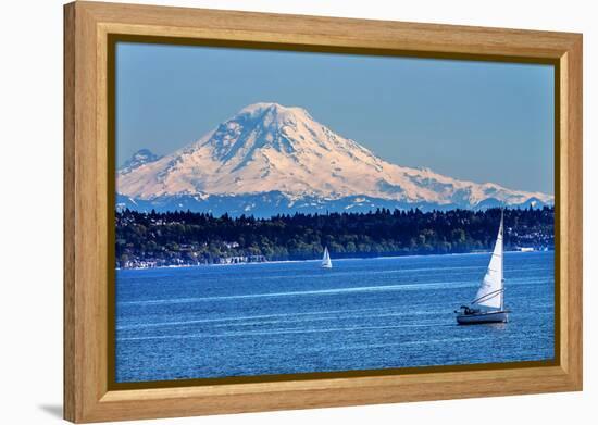 Mount Rainier Puget Sound North Seattle Snow Mountain Sailboats, Washington State-William Perry-Framed Premier Image Canvas