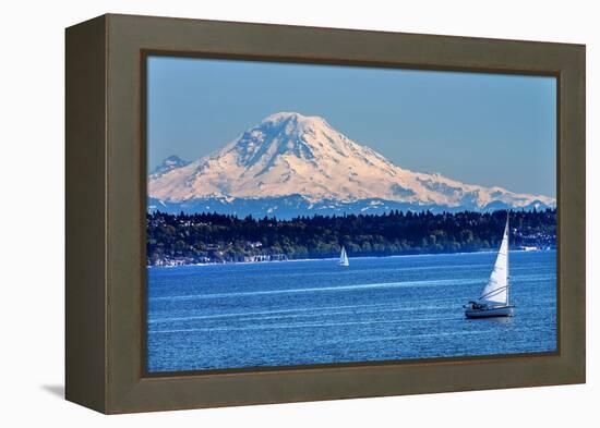 Mount Rainier Puget Sound North Seattle Snow Mountain Sailboats, Washington State-William Perry-Framed Premier Image Canvas