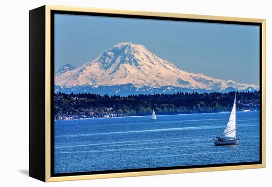 Mount Rainier Puget Sound North Seattle Snow Mountain Sailboats, Washington State-William Perry-Framed Premier Image Canvas