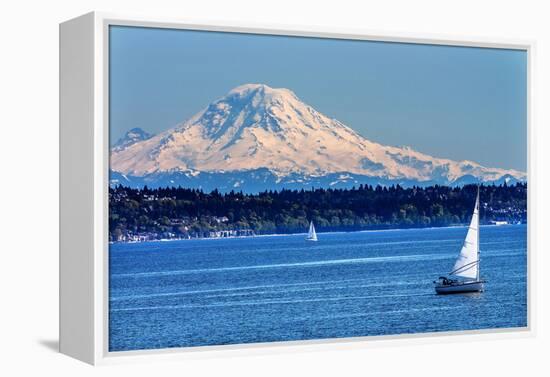 Mount Rainier Puget Sound North Seattle Snow Mountain Sailboats, Washington State-William Perry-Framed Premier Image Canvas