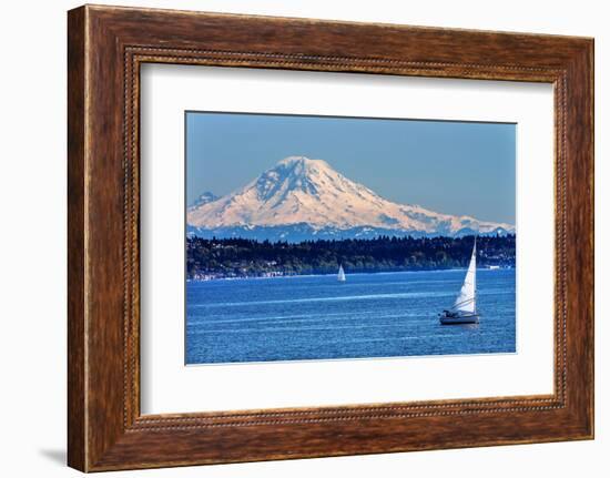 Mount Rainier Puget Sound North Seattle Snow Mountain Sailboats, Washington State-William Perry-Framed Photographic Print