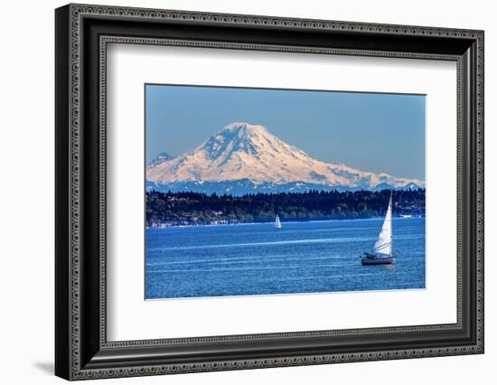 Mount Rainier Puget Sound North Seattle Snow Mountain Sailboats, Washington State-William Perry-Framed Photographic Print