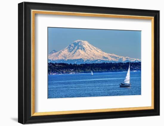 Mount Rainier Puget Sound North Seattle Snow Mountain Sailboats, Washington State-William Perry-Framed Photographic Print