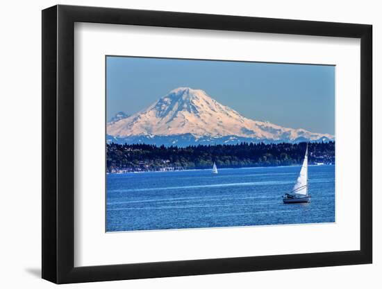 Mount Rainier Puget Sound North Seattle Snow Mountain Sailboats, Washington State-William Perry-Framed Premium Photographic Print