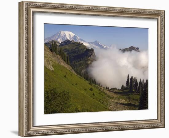 Mount Rainier rises above a fog bank, Tatoosh Wilderness, Washington State, USA-Janis Miglavs-Framed Photographic Print