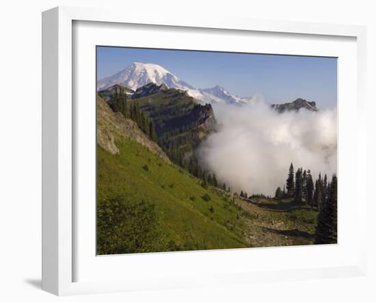 Mount Rainier rises above a fog bank, Tatoosh Wilderness, Washington State, USA-Janis Miglavs-Framed Photographic Print