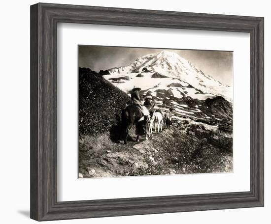 Mount Rainier, Two Women and a Man on Horse Trail, 1914-Asahel Curtis-Framed Giclee Print