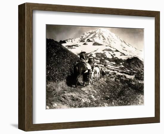 Mount Rainier, Two Women and a Man on Horse Trail, 1914-Asahel Curtis-Framed Giclee Print