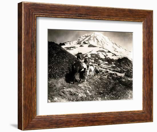 Mount Rainier, Two Women and a Man on Horse Trail, 1914-Asahel Curtis-Framed Giclee Print