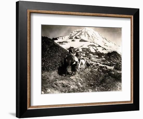 Mount Rainier, Two Women and a Man on Horse Trail, 1914-Asahel Curtis-Framed Giclee Print