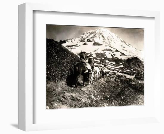 Mount Rainier, Two Women and a Man on Horse Trail, 1914-Asahel Curtis-Framed Giclee Print