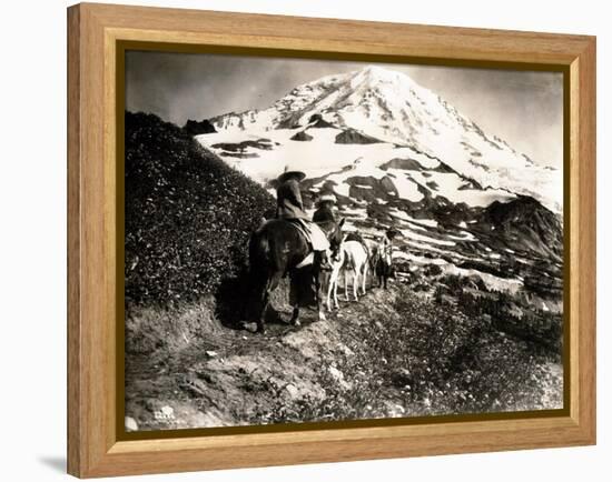 Mount Rainier, Two Women and a Man on Horse Trail, 1914-Asahel Curtis-Framed Premier Image Canvas
