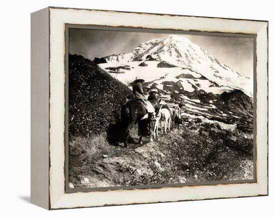 Mount Rainier, Two Women and a Man on Horse Trail, 1914-Asahel Curtis-Framed Premier Image Canvas