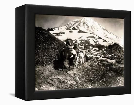 Mount Rainier, Two Women and a Man on Horse Trail, 1914-Asahel Curtis-Framed Premier Image Canvas