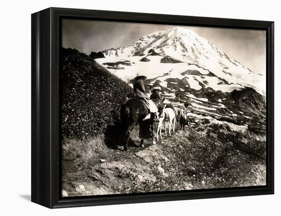 Mount Rainier, Two Women and a Man on Horse Trail, 1914-Asahel Curtis-Framed Premier Image Canvas
