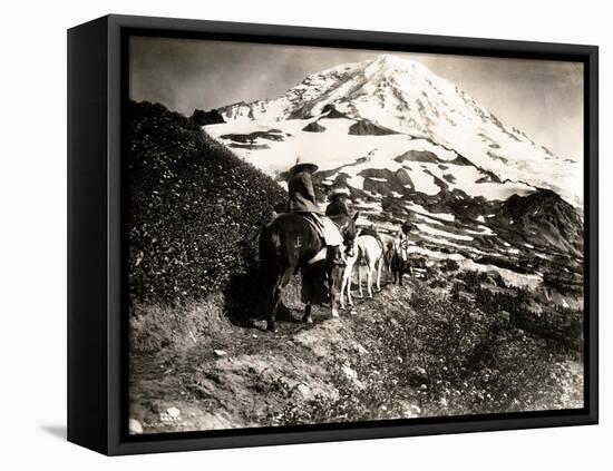 Mount Rainier, Two Women and a Man on Horse Trail, 1914-Asahel Curtis-Framed Premier Image Canvas