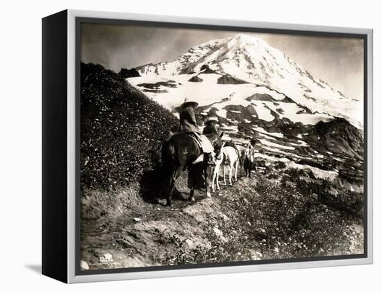 Mount Rainier, Two Women and a Man on Horse Trail, 1914-Asahel Curtis-Framed Premier Image Canvas