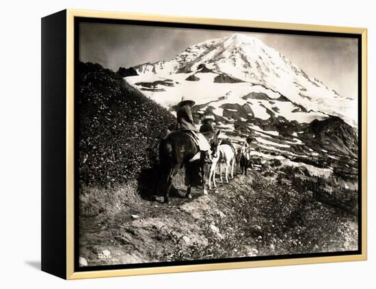 Mount Rainier, Two Women and a Man on Horse Trail, 1914-Asahel Curtis-Framed Premier Image Canvas