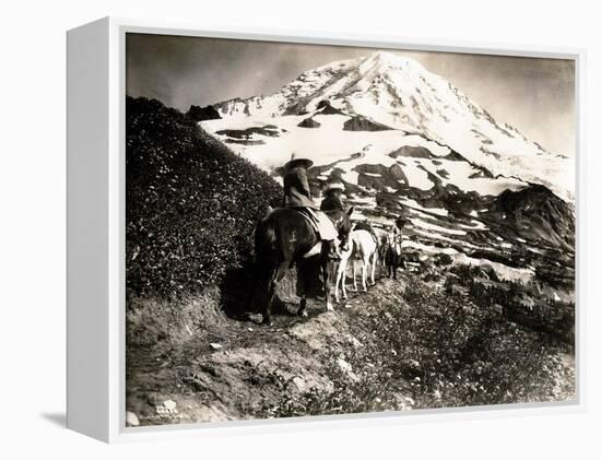 Mount Rainier, Two Women and a Man on Horse Trail, 1914-Asahel Curtis-Framed Premier Image Canvas