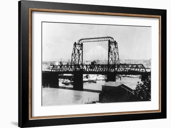 Mount Rainier View from the City through Bridge - Tacoma, WA-Lantern Press-Framed Art Print