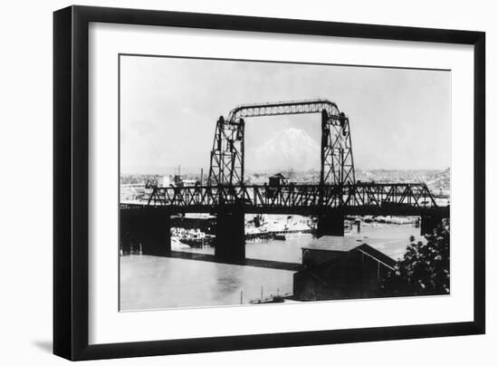Mount Rainier View from the City through Bridge - Tacoma, WA-Lantern Press-Framed Art Print