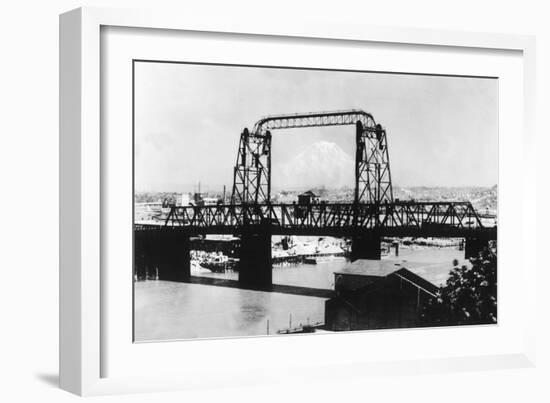 Mount Rainier View from the City through Bridge - Tacoma, WA-Lantern Press-Framed Art Print