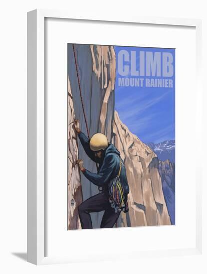 Mount Rainier, Washington, Rock Climber-Lantern Press-Framed Art Print