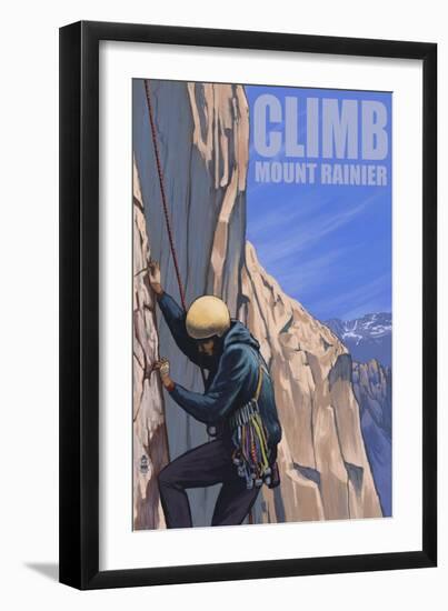Mount Rainier, Washington, Rock Climber-Lantern Press-Framed Art Print