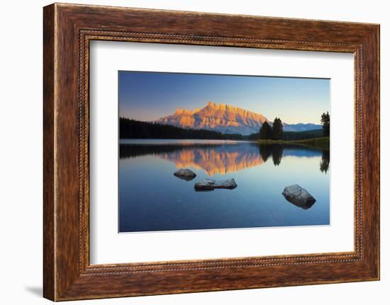 Mount Rundle Reflected in Two Jack Lake at Sunrise-Miles-Framed Photographic Print