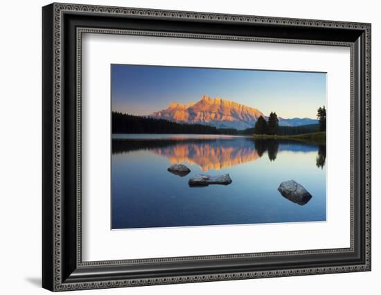 Mount Rundle Reflected in Two Jack Lake at Sunrise-Miles-Framed Photographic Print