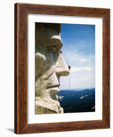 Mount Rushmore Repairman Working on Lincoln's Nose-Bettmann-Framed Photographic Print