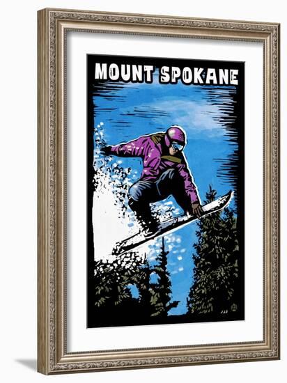 Mount Spokane, Washington - Scratchboard Snowboarder-Lantern Press-Framed Art Print