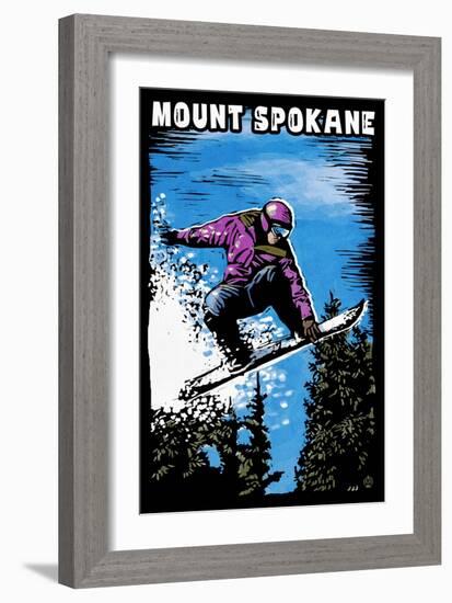 Mount Spokane, Washington - Scratchboard Snowboarder-Lantern Press-Framed Art Print