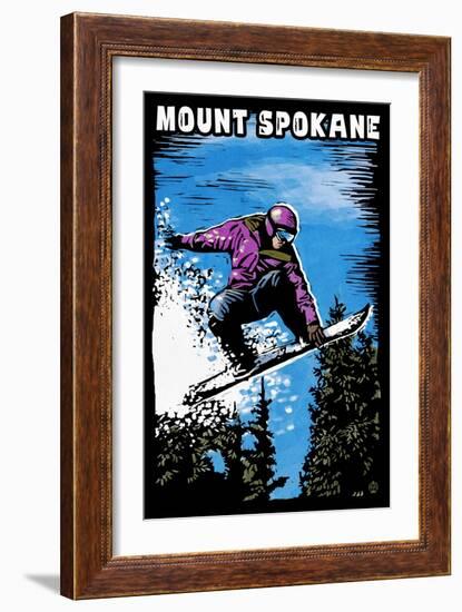 Mount Spokane, Washington - Scratchboard Snowboarder-Lantern Press-Framed Art Print