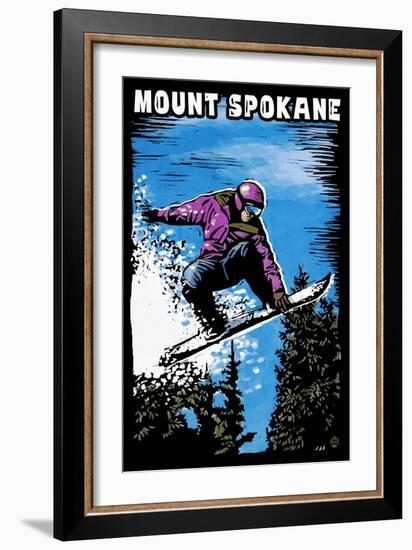 Mount Spokane, Washington - Scratchboard Snowboarder-Lantern Press-Framed Art Print