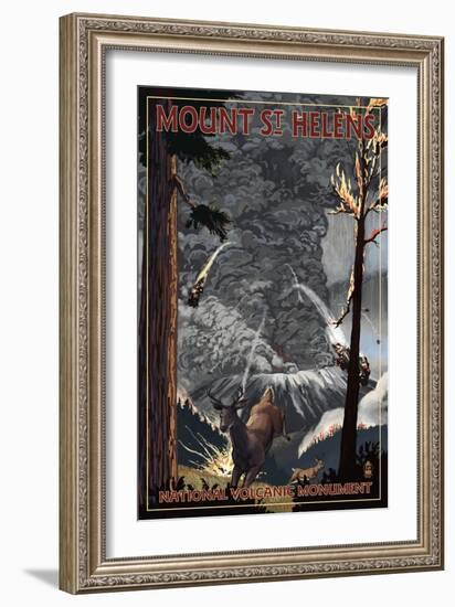 Mount St. Helens - Eruption Scene with Deer-Lantern Press-Framed Art Print