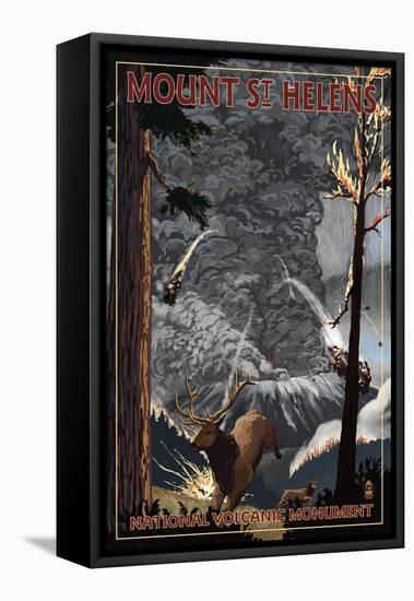 Mount St. Helens - Eruption Scene with Elk-Lantern Press-Framed Stretched Canvas