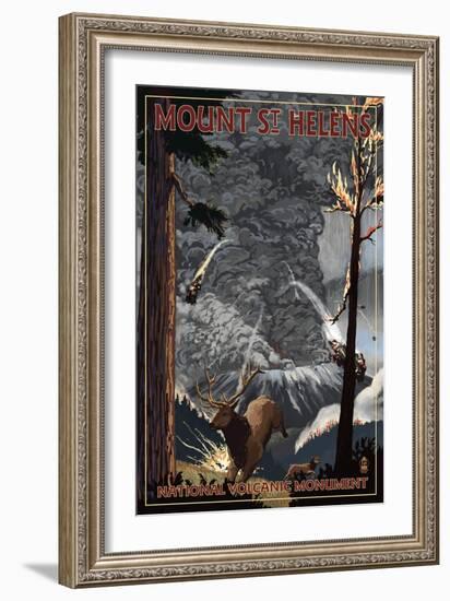 Mount St. Helens - Eruption Scene with Elk-Lantern Press-Framed Art Print