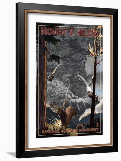 Mount St. Helens - Eruption Scene with Elk-Lantern Press-Framed Art Print