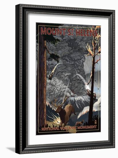 Mount St. Helens - Eruption Scene with Elk-Lantern Press-Framed Art Print