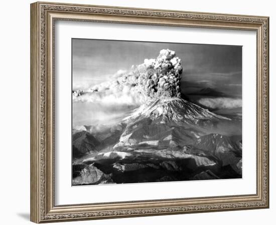 Mount St. Helens in Eruption on May 18, 1980 with Mt. Adams in Distance-null-Framed Photo