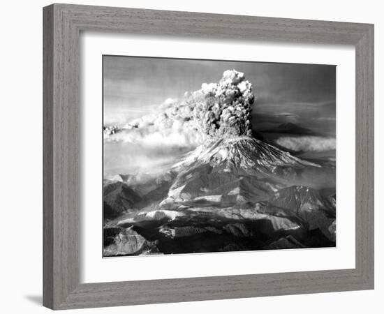 Mount St. Helens in Eruption on May 18, 1980 with Mt. Adams in Distance-null-Framed Photo