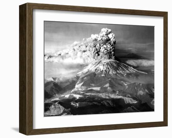 Mount St. Helens in Eruption on May 18, 1980 with Mt. Adams in Distance-null-Framed Photo