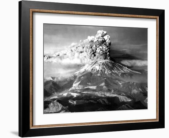 Mount St. Helens in Eruption on May 18, 1980 with Mt. Adams in Distance-null-Framed Photo