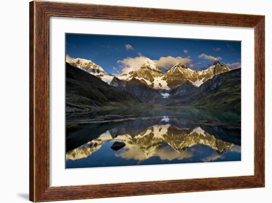 Mount Yerupaja Reflects in Lake Huayhuish, Andes Mountains, Peru-Howie Garber-Framed Photographic Print