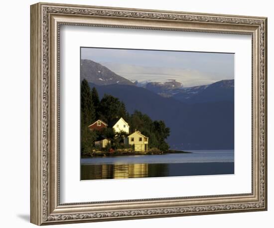 Mountain and Houses Reflecting in Fjord Waters, Norway-Michele Molinari-Framed Photographic Print