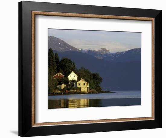 Mountain and Houses Reflecting in Fjord Waters, Norway-Michele Molinari-Framed Photographic Print