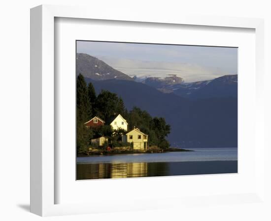 Mountain and Houses Reflecting in Fjord Waters, Norway-Michele Molinari-Framed Photographic Print